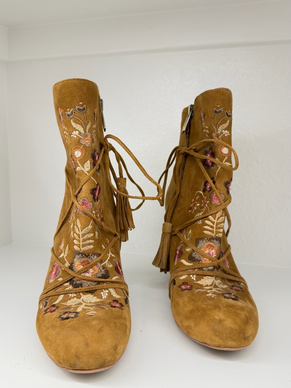 Sam Edelman Mustard Suede Embroidered Lace-Up Ankle Booties - Picture 7 of 7